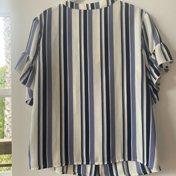 Supply & Demand Vertical Stripe Ruffle Sleeve Top, Button-Down, V-Neck, Blue, M - Picture 2 of 6